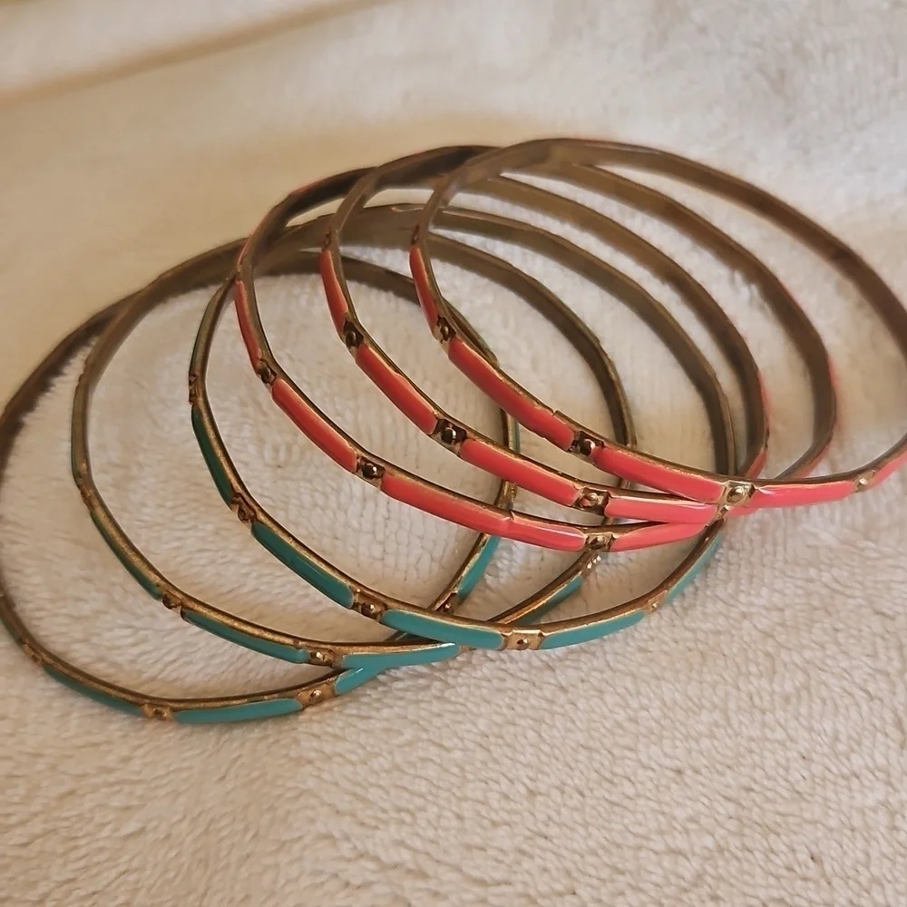 Vintage Set of Six Pink Green and Goldtone Brass Bangle Bracelets